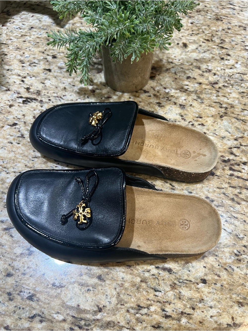 Tory Burch Brie Black Leather Slip-On Mules with Gold Double T Charm 7M